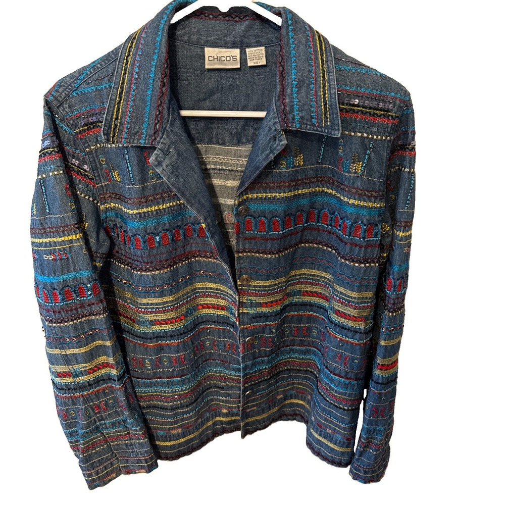 Vintage Chico Embriodered Denim Jacket Chicos Size 1 Boho Chic